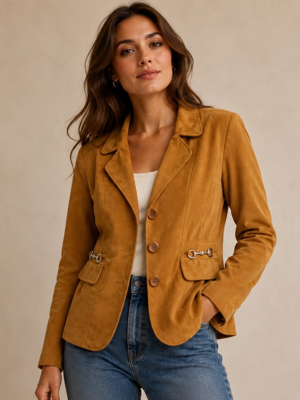 Elegant Camel Faux Suede Blazer Jacket Horsebit Accent Western Chic‎ Coat